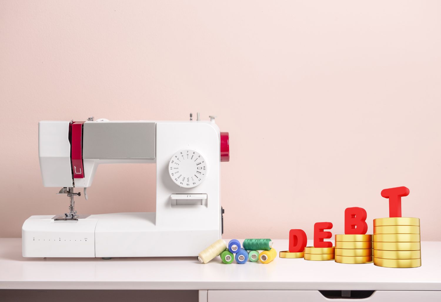 A sewing machine sitting on a table infront of a pink wallbackground with an inclining coin stack next to it with the word debt placed on top of coins.